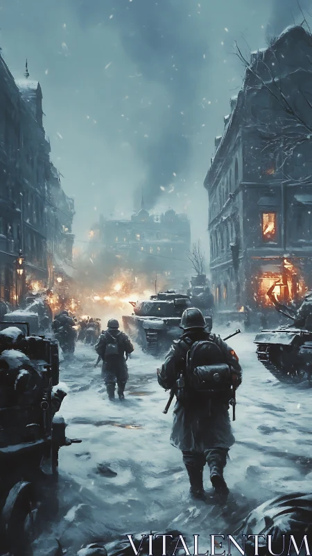 Snowbound urban battlefield under advancing soldiers.