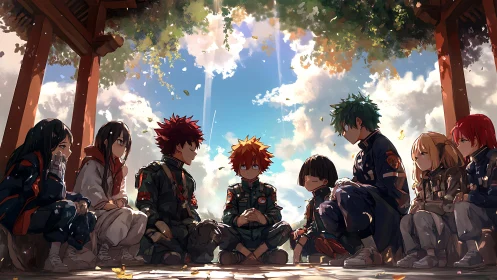 Group of anime students resting under open pavilion.