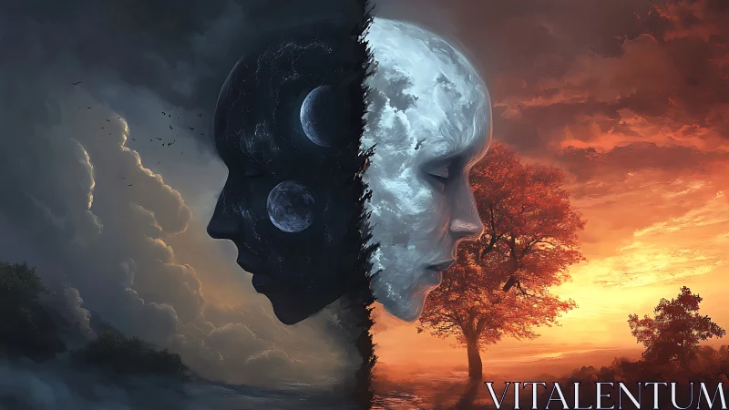 Dual celestial faces divide night storm and fiery dawn.