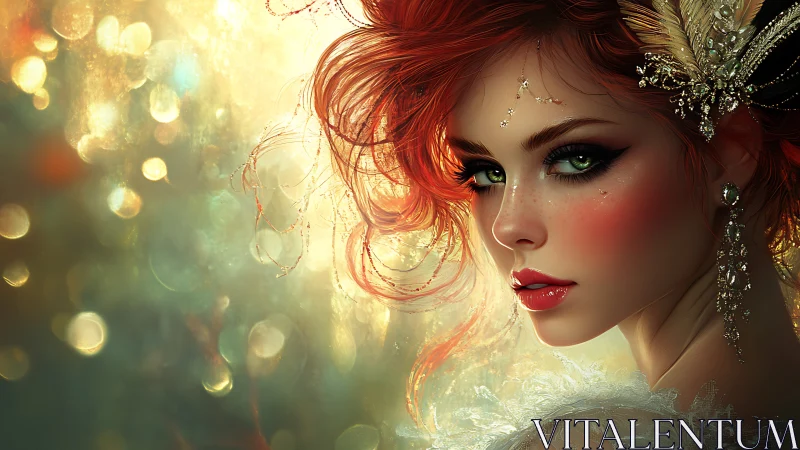Red haired woman with jeweled headpiece in glowing bokeh light