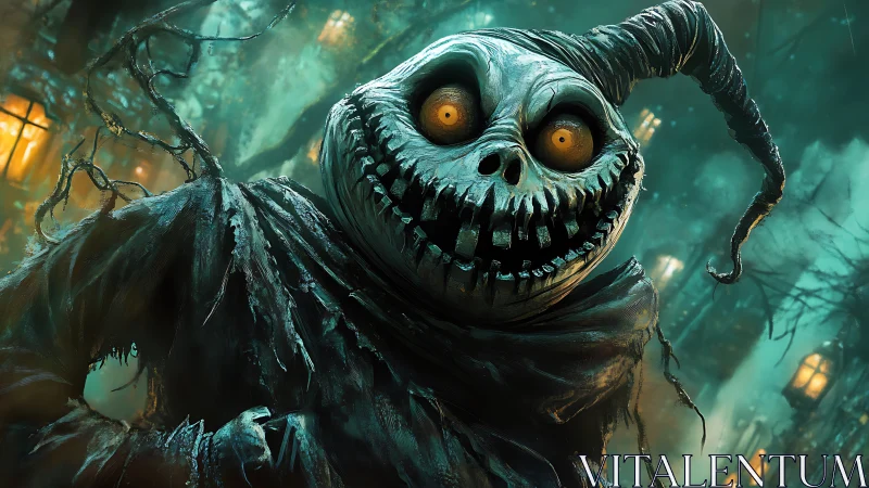 Sinister pumpkin-headed specter stalks a haunted forest lane