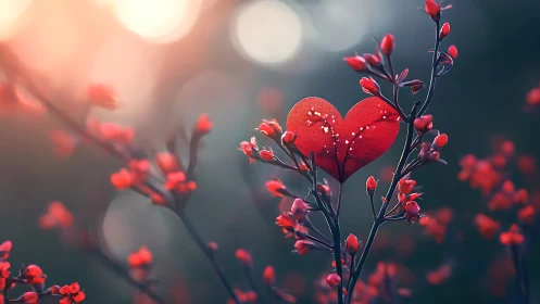 Red heart-shaped form among clustered buds on dark background.