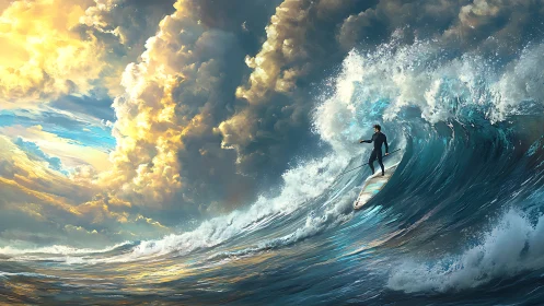 Surfer riding a glowing storm wave beneath golden clouds.