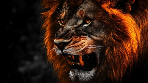 Roaring lion profile under dramatic orange rim lighting.