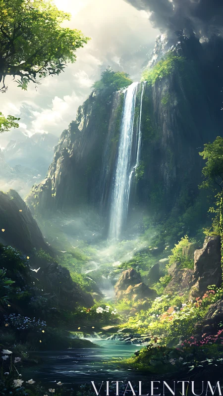 Sunlit mountain waterfall descends into lush forest valley