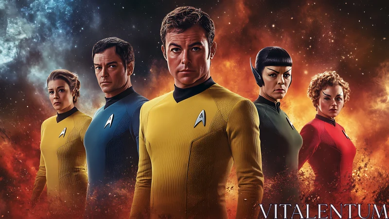 Photorealistic starship crew portrait in nebular backdrop.