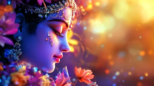 Digital painting of jeweled goddess profile in floral bokeh glow.
