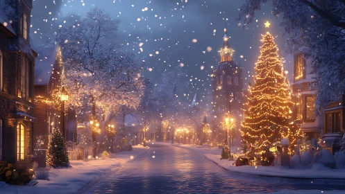 Snowlit Christmas avenue wrapped in golden festive glow.