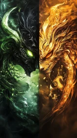 Dual elemental dragons clash in mirrored vertical composition