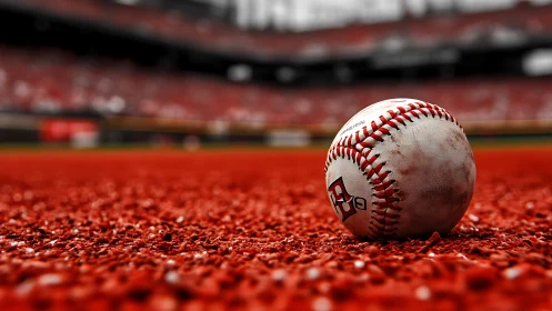 Lonely baseball resting on vivid red infield turf.