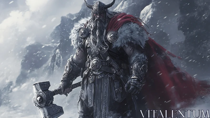 Stormborn Viking warrior stands tall in a frozen mountain gale