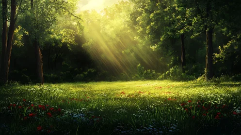 Backlit forest clearing shows volumetric rays over dense wildflowers