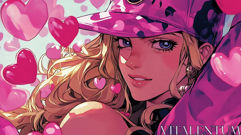 Vibrant anime portrait integrates glossy hearts and neon pink tones