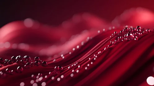 Gleaming Ruby Red Abstract Waves with Reflective Droplets.