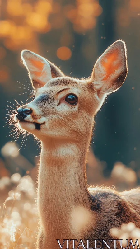 Young deer portrait in warm golden forest light.