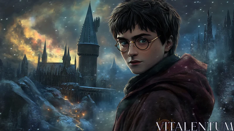 Young wizard portrait before snowy gothic castle at dusk