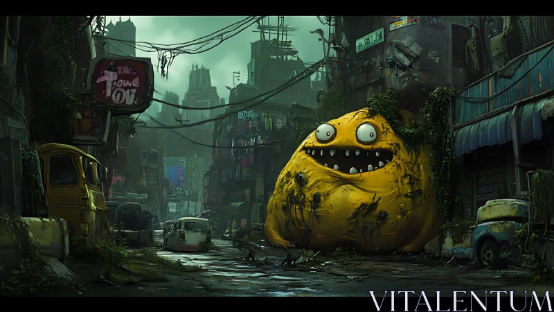 Post-apocalyptic alley with mutant mascot, digital painting.