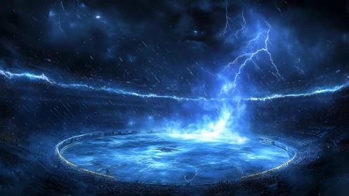 Electrified futuristic arena under intense blue lightning storm