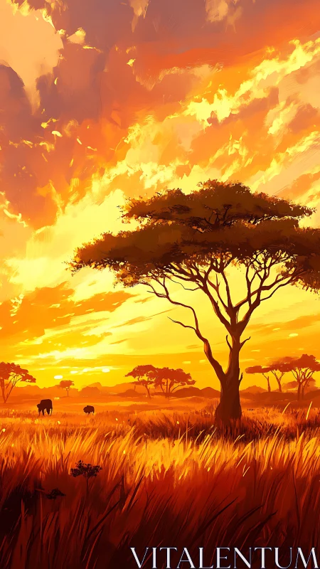 Golden savanna sunset with wandering elephants and tall trees.