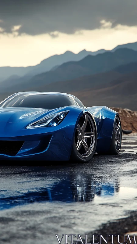 Low-slung blue supercar glides along wet mountain road at dusk.