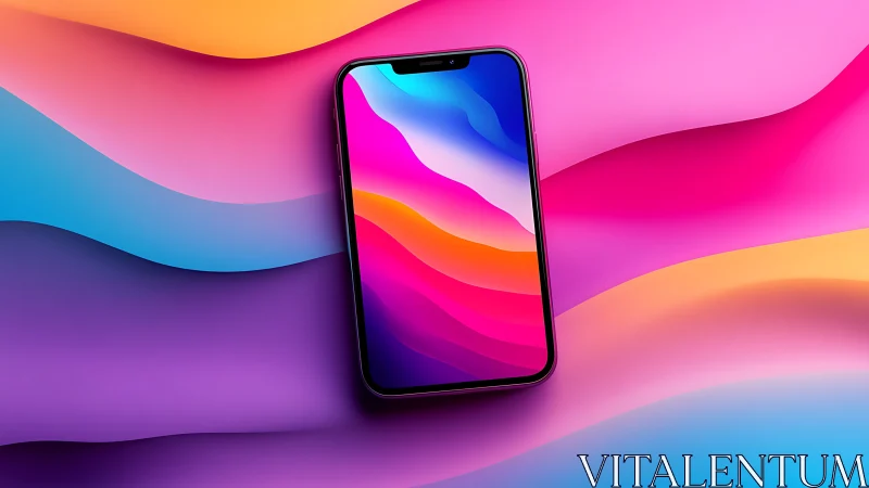 Premium smartphone displaying vibrant gradient wallpaper amid flowing color waves.