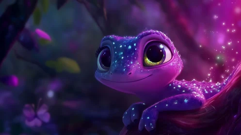 Bioluminescent gecko portrait in enchanted neon forest.