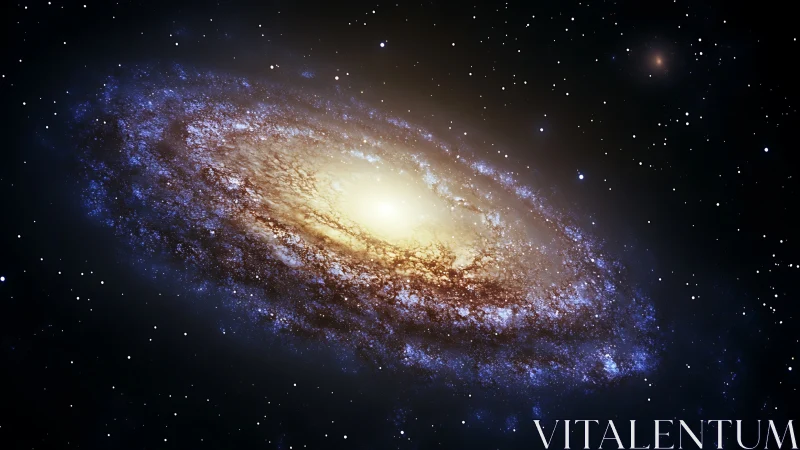 Golden spiral galaxy glowing softly in the quiet night sky.