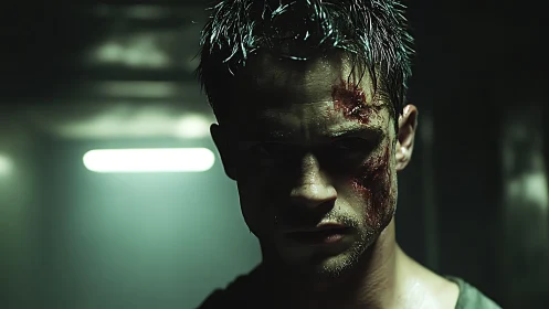 Male subject stands in dim corridor with facial injuries