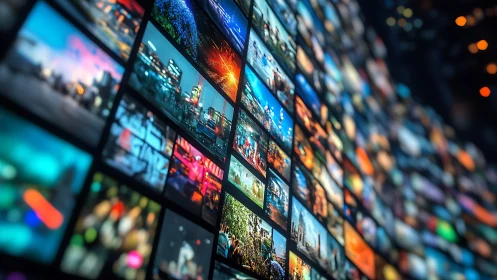 Curved digital video wall displays dense grid of colorful thumbnails