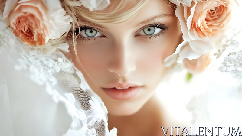 High-resolution bridal portrait with floral framing symmetry.