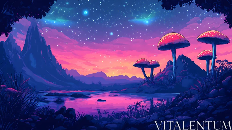 Bioluminescent megafungi beside chromatic alien river at dusk.