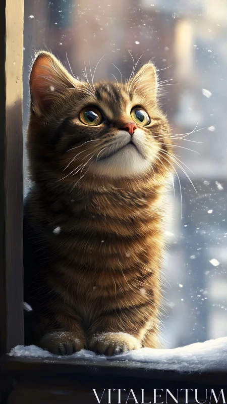 Tabby Cat Window Portrait in Winter Snow.