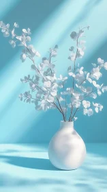 White flowers in minimalist vase against serene blue backdrop