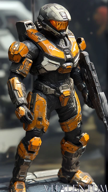 Battle-worn orange exosuit trooper in detailed 3D armor.