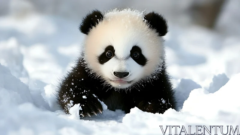 Snow-dusted panda cub in shallow depth-of-field winter habitat