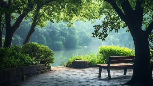 Quiet lakeside bench under whispering green canopies.