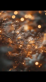 Snow-dusted fir branches glow against warm defocused lights