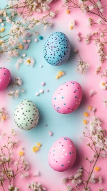 Playful pastel Easter eggs scattered in soft spring blooms.
