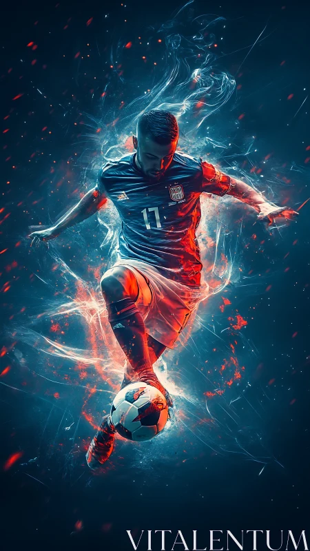 Digital depiction of soccer player striking ball midair.