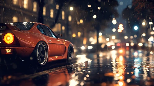 Retro sports coupe in rain-soaked urban night bokeh environment