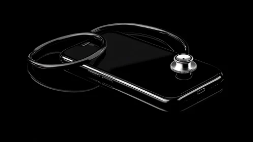 Stethoscope and smartphone against dark backdrop.