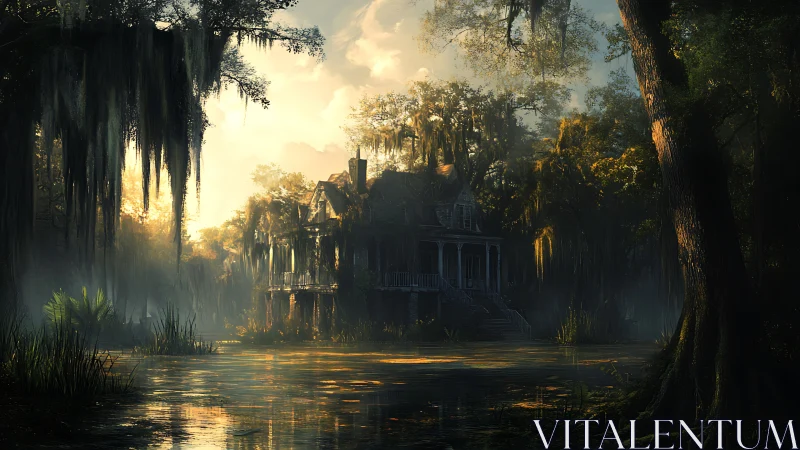 Swamp-light drapes an abandoned mansion in liquid gold haze