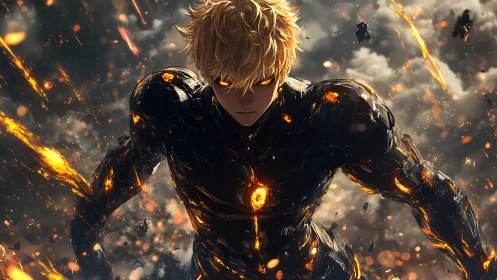 Armored humanoid advances through fragmented, burning debris