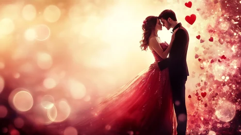 Couple in formal attire embracing against bokeh background.