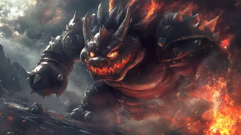 Armored lava-beast charges through volcanic battlefield in motion