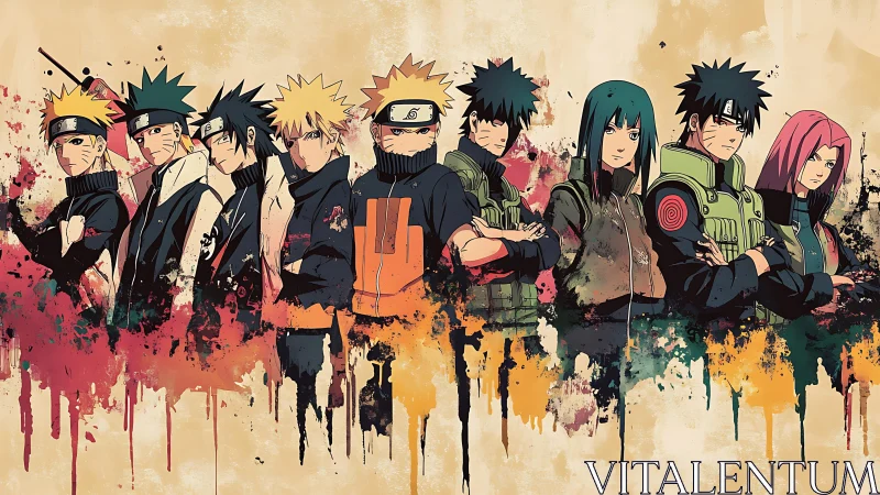 Anime ninja lineup with splattered watercolor gradients.