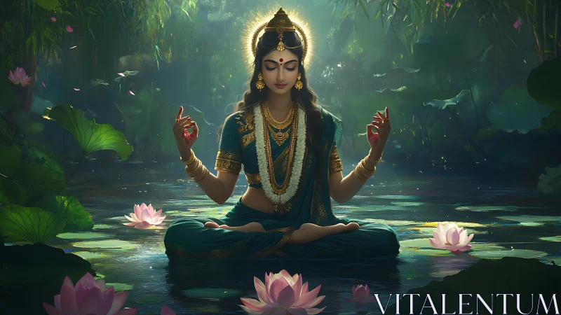 Seated figure meditates on lotus-filled water in dense forest