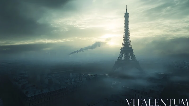 Misty Paris morning with Eiffel Tower in dreamy hush.
