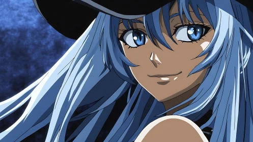 Moonlit sly sorceress with tidal-blue hair smiling boldly.