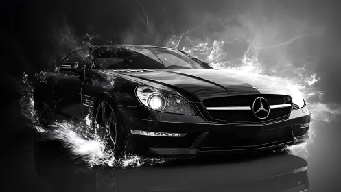 Photorealistic Mercedes coupe with dynamic smoke effects.